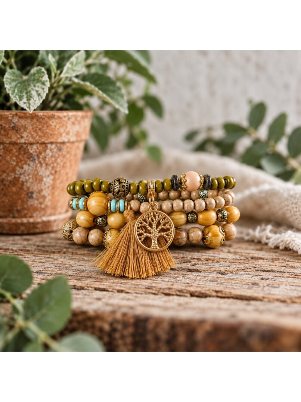 Boho Tree of Life Beaded Bracelet Set Earth Tone Stretch Bracelets with Tassel